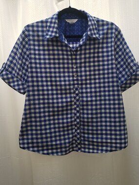 Allison Daley Blue & White Gingham Short Sleeve Button Shirt Women's Petite 12P